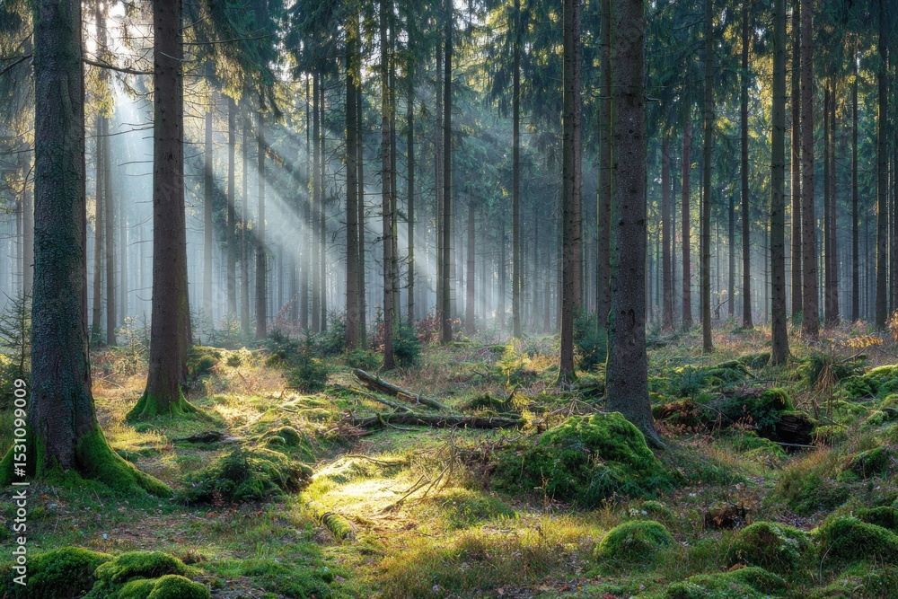 Fototapeta premium Sunlight streams through a misty forest (1)