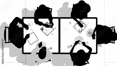 Silhouette view of people sitting at tables eating and drinking in a restaurant from above perspective | eps vectors