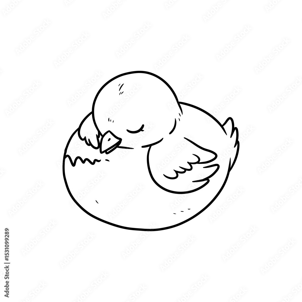 Lined Icon of Sleeping Chick with Folded Wing Over Eye Lined Icon of Sleeping Chick with Folded Wing Over Eye