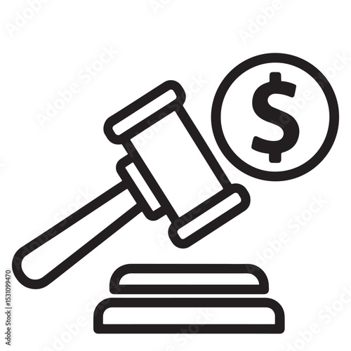 Flat black vector silhouette and icon of a gavel with a dollar sign, symbolizing economic law, financial regulation, justice, and monetary governance