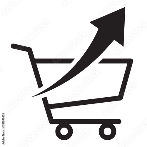 Flat black vector silhouette and icon of a shopping cart with upward arrow, symbolizing inflation and price increase concept