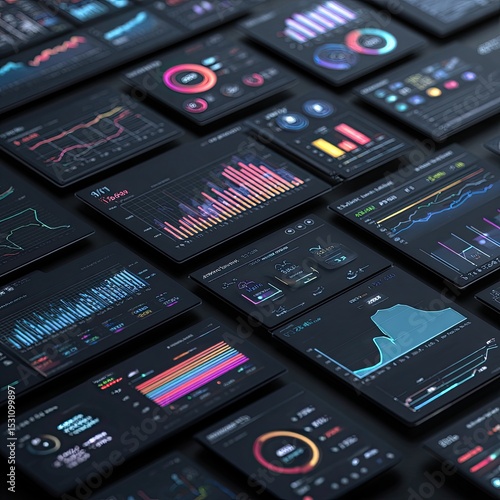 Many dark screens with colorful data visualizations