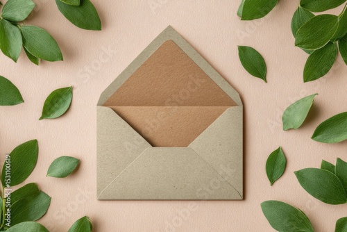 Light beige envelope nestled amidst fresh green leaves on a pastel peach background