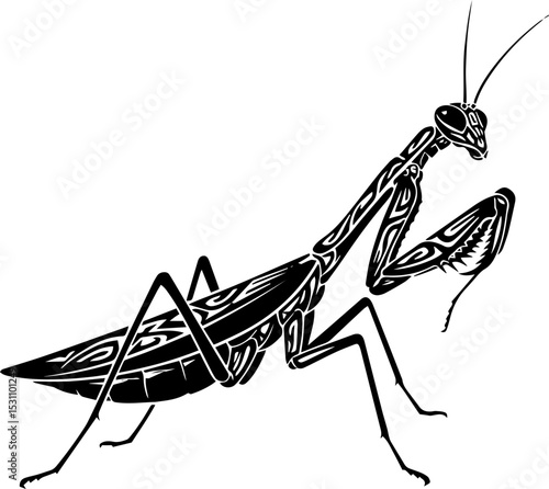 Tribal Praying Mantis: Black and White Vector Illustration