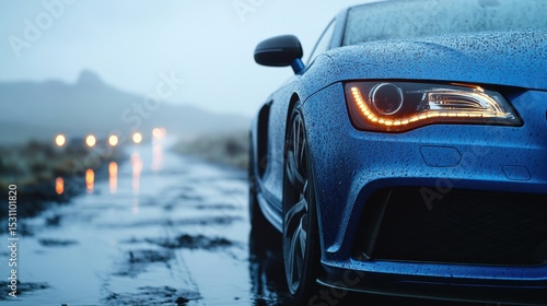 Blue Car Front View on Wet Road with Headlights On