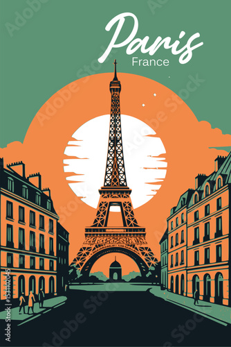 Retro Paris Travel Illustration with Eiffel Tower