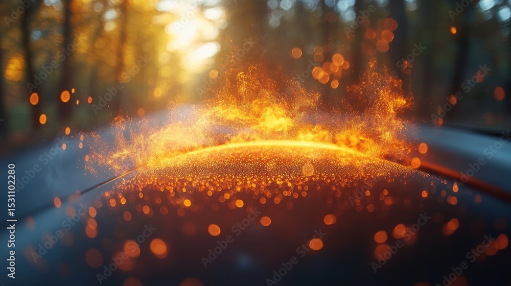 Obraz premium Car Hood with Orange Particles and Blurred Forest Background