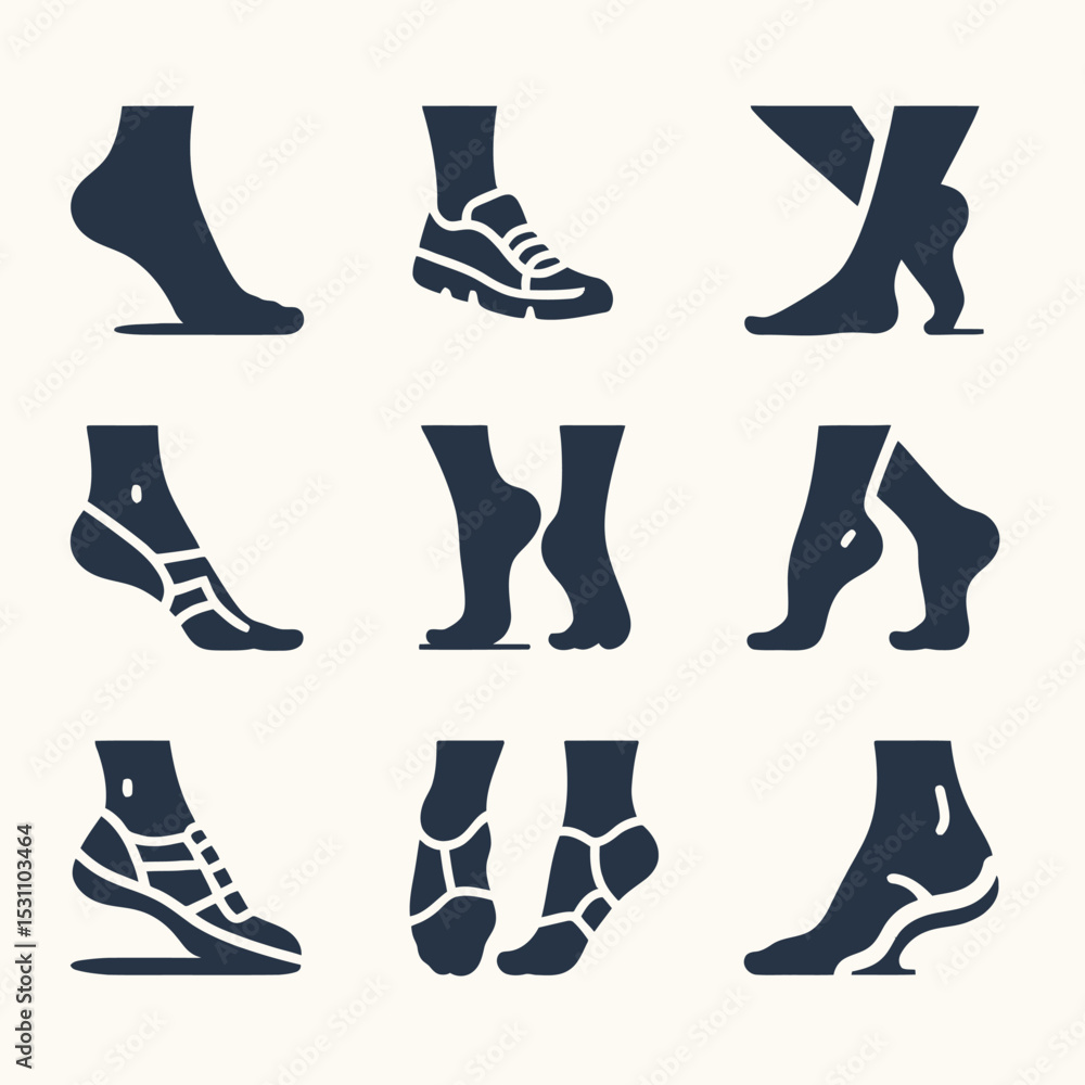 Footwear and Foot Silhouette Vector Set Sneakers Boots Bare Feet Icons Footwear and Foot Silhouette Vector Set Sneakers Boots Bare Feet Icons
