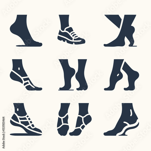 Footwear and Foot Silhouette Vector Set Sneakers Boots Bare Feet Icons