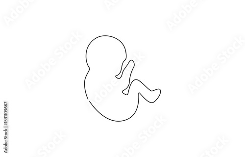 Baby embryo in womb, fetus one art line continuous drawing. Silhouette cute unborn fetus child on mother womb in minimalism, .one line drawing of baby fetus in mother's stomach in gestational age.