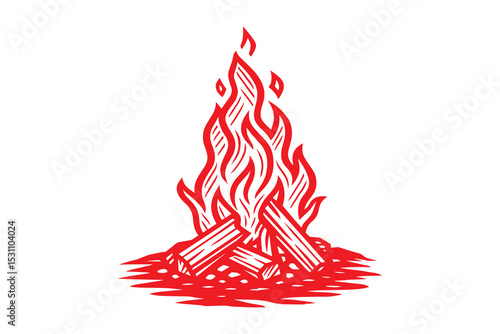 Burning campfire vector illustration. Bonfire flame design with firewood and glowing embers.