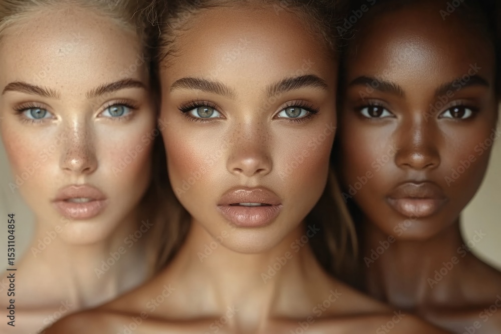 Three models with different skin tones pose together, showcasing perfect makeup and healthy skin Three models with different skin tones pose together, showcasing perfect makeup and healthy skin