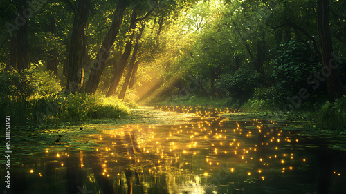 Fototapeta Naklejka Na Ścianę i Meble -  Enchanting forest river golden lights magical scene