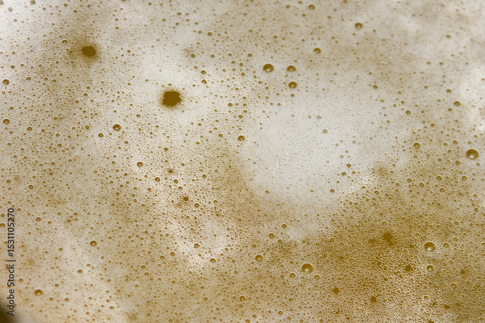 A close-up view captures rich beer foam bubbles floating atop a golden drink A close-up view captures rich beer foam bubbles floating atop a golden drink