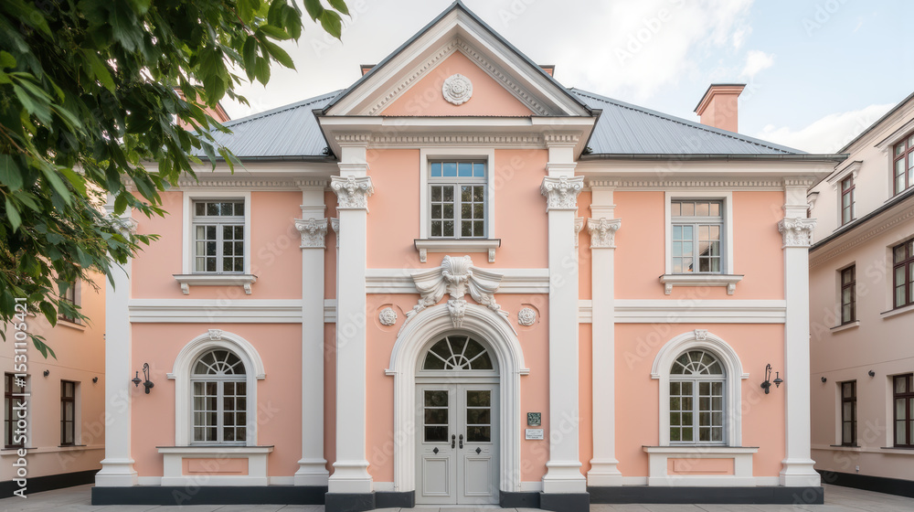 Naklejka premium Elegant pink building with classical architecture, featuring large windows and decorative elements, surrounded by greenery