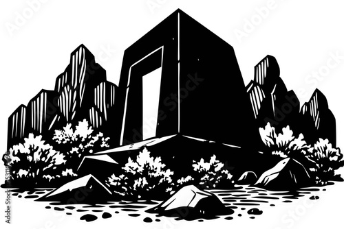 Mysterious Monolith A Black and White Illustration of a Gateway in a Rocky Landscape, monolith, gateway, rocky, landscape, black, white, symbolic, powerful, visual, mystery, fiction, feeling, surreal,