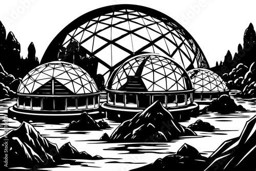 Futuristic Geodesic Domes on Alien Landscape Sci-Fi Illustration, geodesic, dome, futuristic, alien, landscape, sci-fi, visual, advanced, shapes, fiction, imagination, vision, planet, picture, monochr