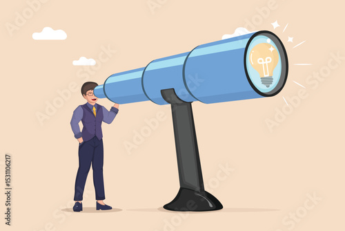 Looking Towards Innovation: A Businessperson Using a Large Telescope to Focus on a Bright Lightbulb Idea in the Distance, Symbolizing Vision, Future Planning, and the Search for Opportunities.