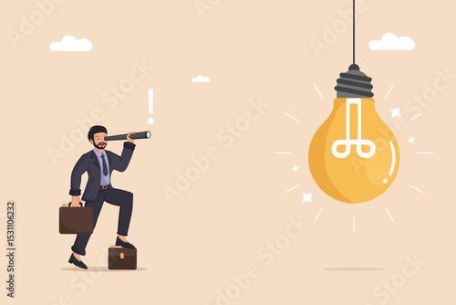  A Businessman Standing on Briefcases Looks Through a Telescope at a Glowing Lightbulb Idea Hanging Above, Symbolizing Discovery and Future Business Ventures