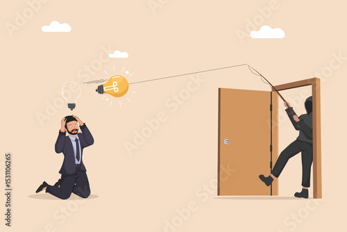 Businessman Distraught as a Thief Steals His Bright Idea Through a Doorway Using a Fishing Rod, Symbolizing Intellectual Property Theft and Idea Plagiarism.