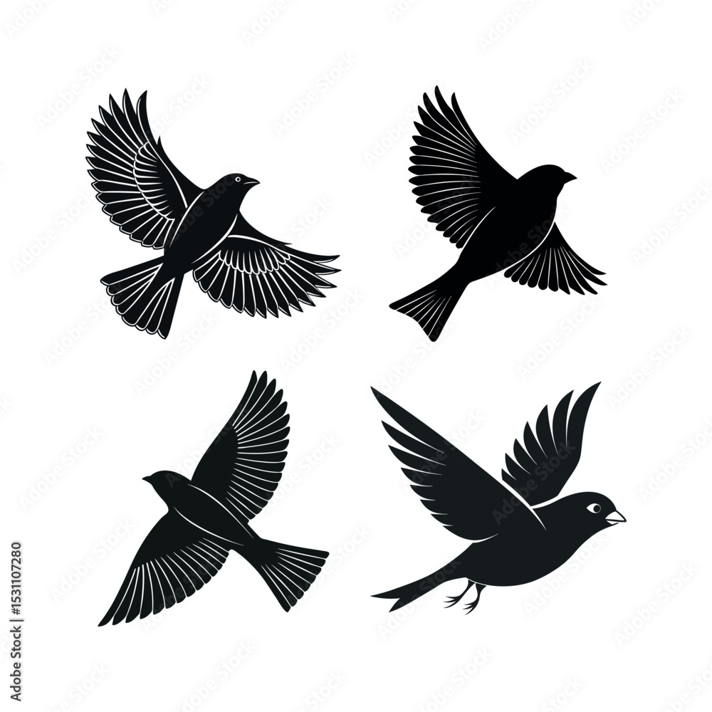 Fototapeta premium Four black silhouettes set of finch birds in flight