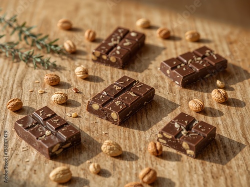 Delectable Dark Chocolate with Hazelnuts on a Rustic Wooden Surface, Sunny Day