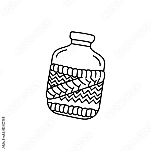 Black Line Icon of Hot Water Bottle Wrapped in Knit for Comfort and Wellness Themes
