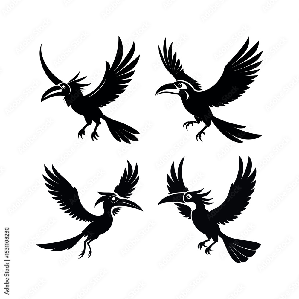 Fototapeta premium Four black silhouette hornbill birds in flight graphic design