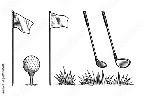 Detailed vector illustration of golf course elements, presented in a black and white style.