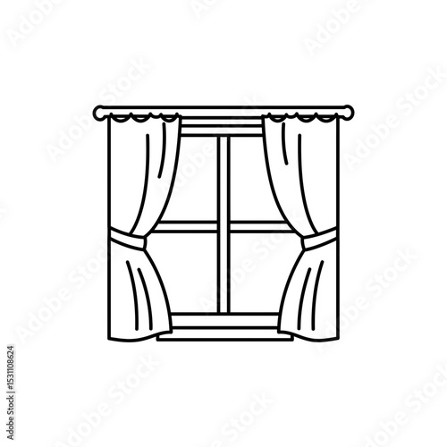 Black Line Icon of Window with Curtain Drawn – Quiet Indoor Scene Theme