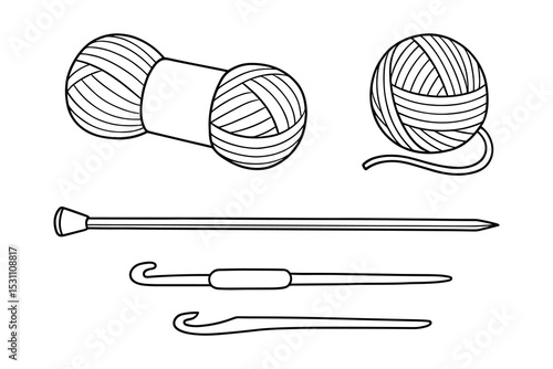 Detailed vector illustration of knitting needles and yarn balls. Craft supplies.
