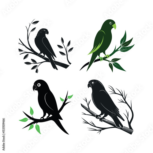 Four lovebird parrot silhouettes on branches with leaves