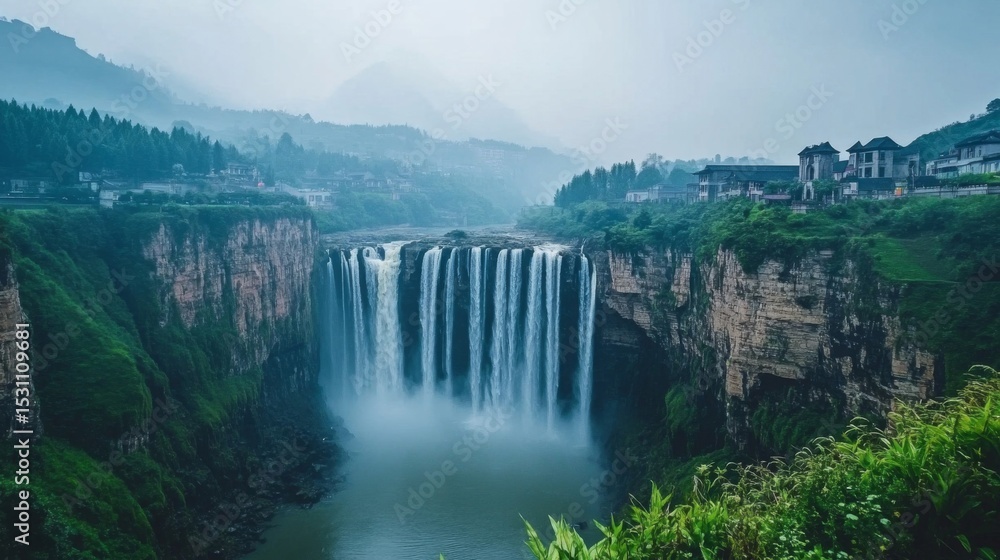 Fototapeta premium Majestic Waterfall Cascading Down Lush Green Cliffs in Misty Mountain Landscape