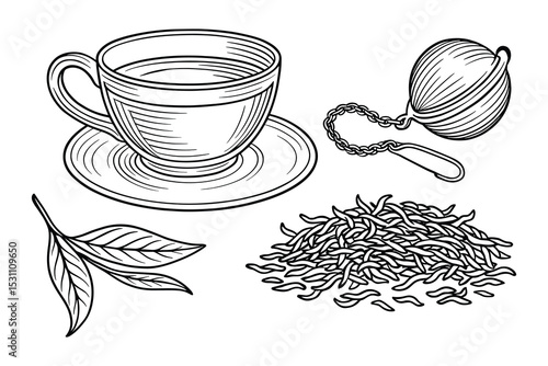 Detailed vector illustration of a tea set with strainer and loose leaf tea elements.