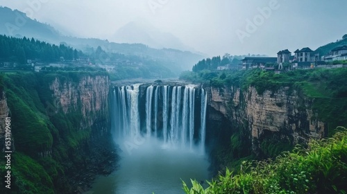 Majestic Waterfall Cascading Down Lush Green Cliffs in Misty Mountain Landscape