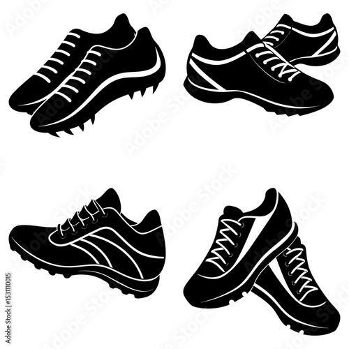 Illustration of four pairs of black and white athletic shoes in various styles and orientations here now