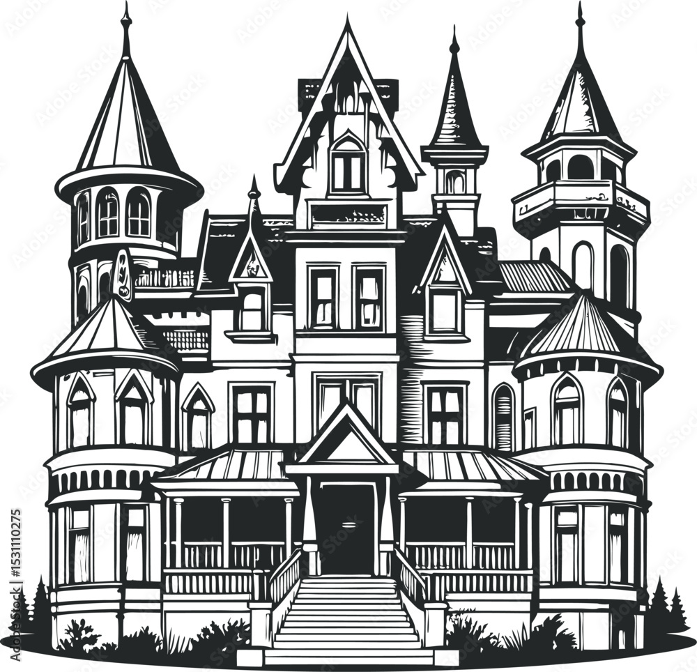 Fototapeta premium This is an image of a detailed black and white illustration of a grand Victorian-style house