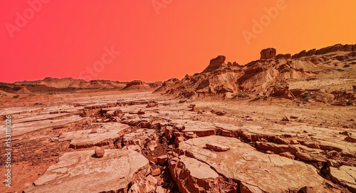 Martian Landscape with Cracked Earth and Red Sky, Desolate Desert Environment.