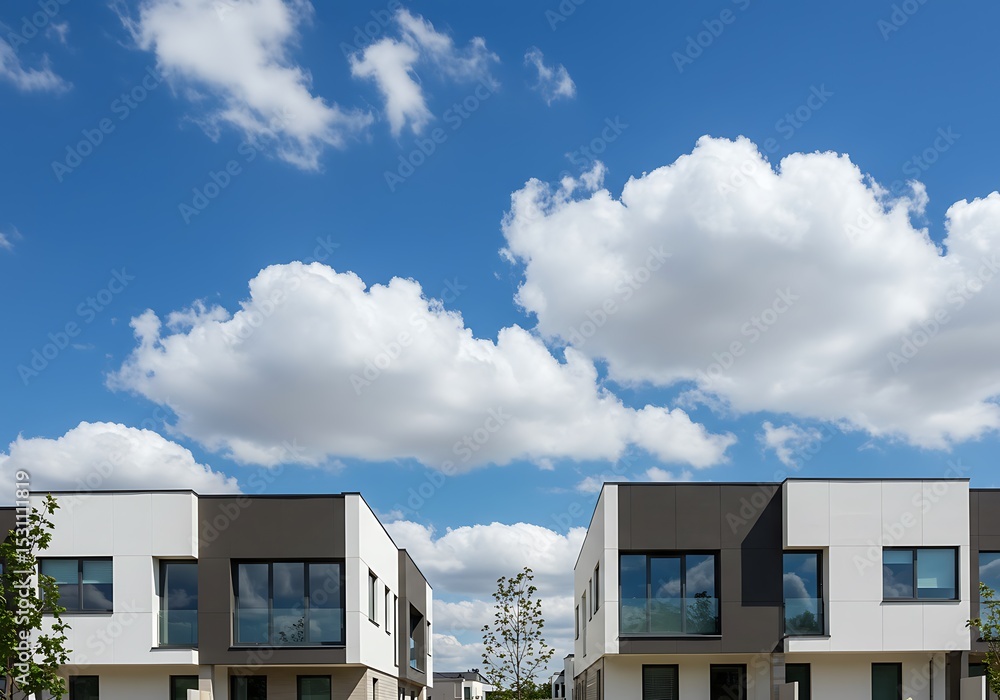 Modern townhouses under a bright blue sky with fluffy white clouds Modern townhouses under a bright blue sky with fluffy white clouds