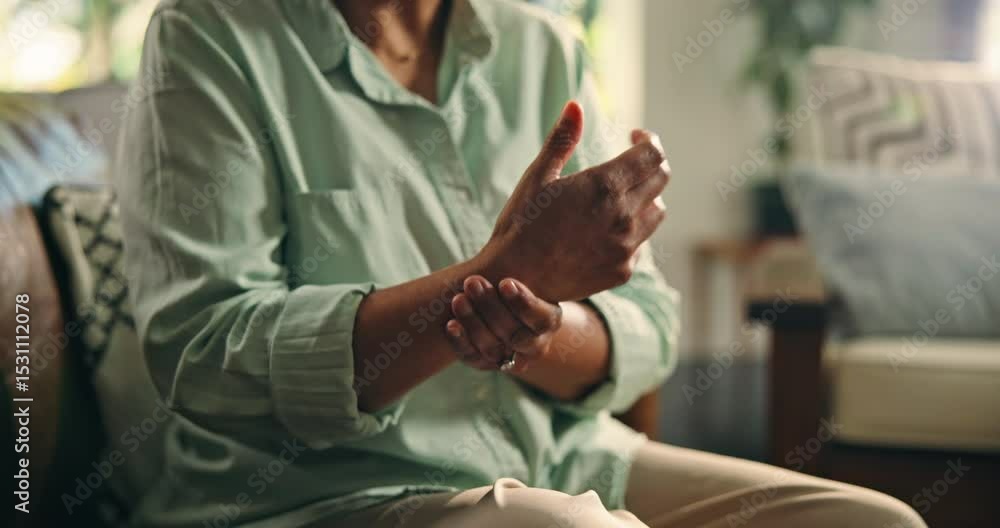 Mature, woman and hand with wrist pain, muscle ache or tension for rheumatoid arthritis. Inflammation, osteoporosis or carpal tunnel syndrome with circulation issue, joint strain or swollen at home