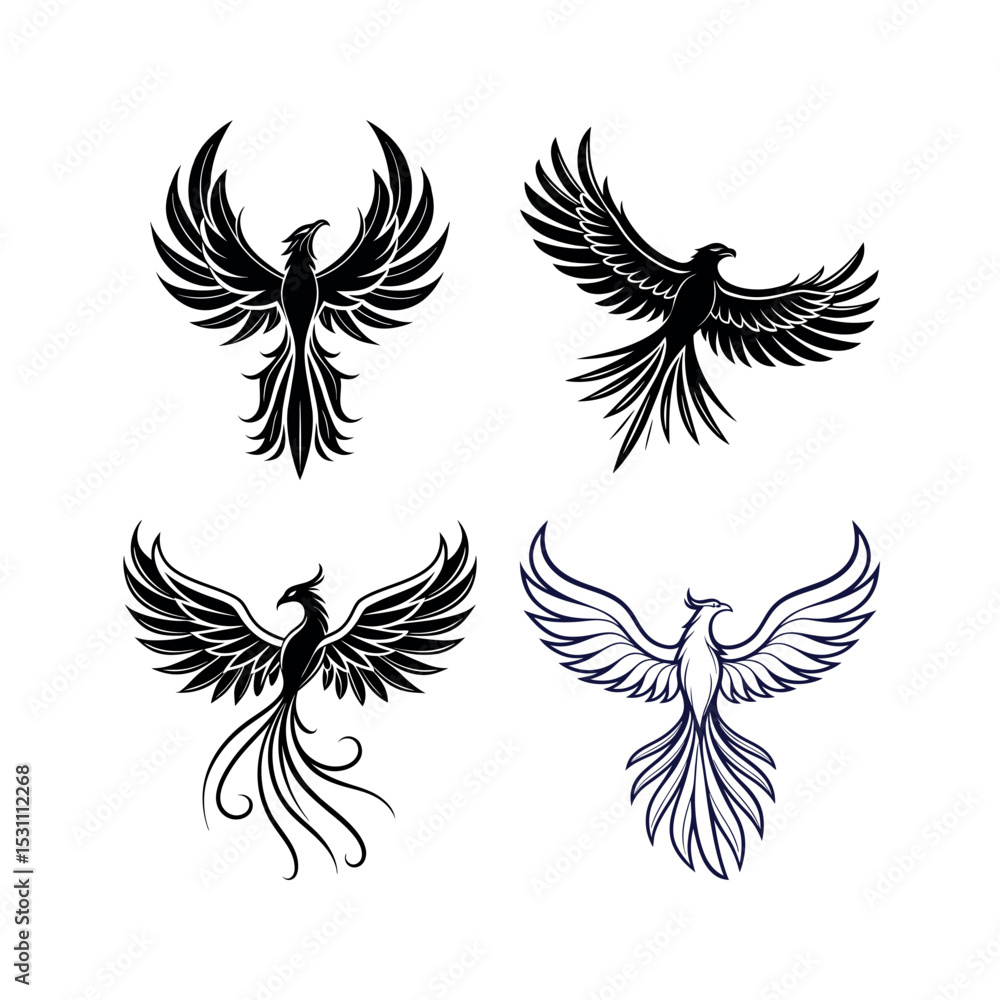Obraz premium Four stylized phoenix bird designs black and white silhouette