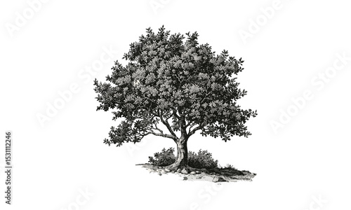 Hawthorn Tree Scarlet, vector illustration, forest trees, seasonal leaves, botanical sketch, natural environment, garden plants, floral composition, outdoor landscape, shrubbery design.