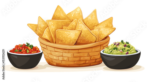 Basket of tortilla chips with bowls of salsa and guacamole vector isolated on a white background