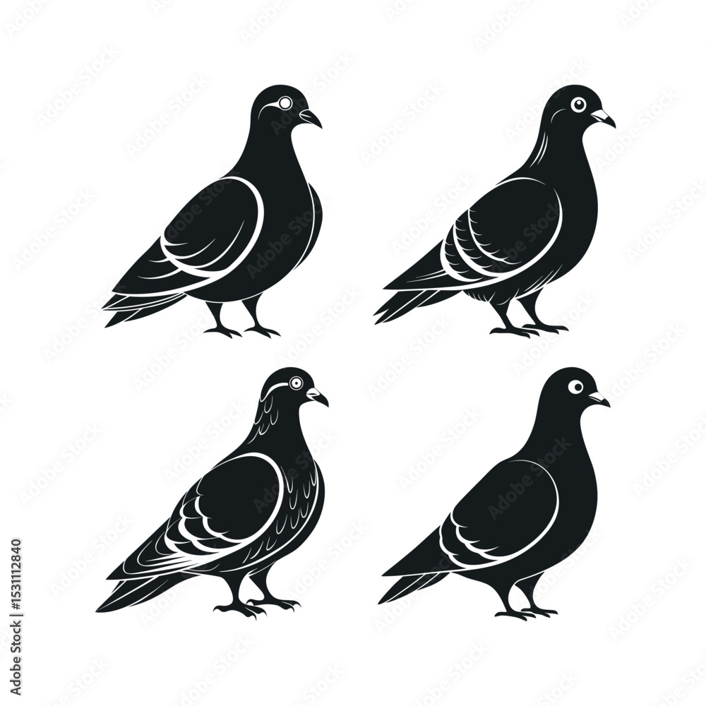 Four black silhouette pigeons sitting in different poses Four black silhouette pigeons sitting in different poses