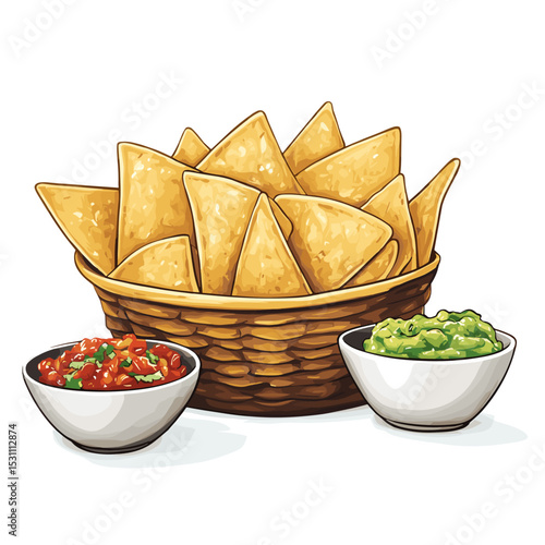 Basket of tortilla chips with bowls of salsa and guacamole vector isolated on a white background