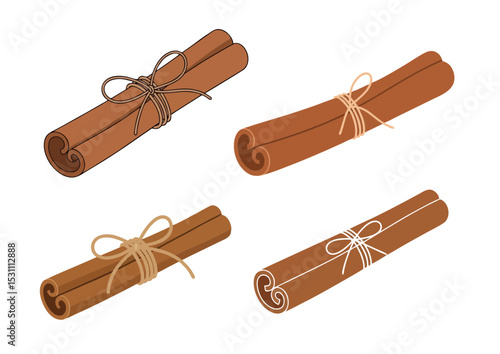 Single cinnamon stick tied with twine in flat vector illustration on a transparent background
