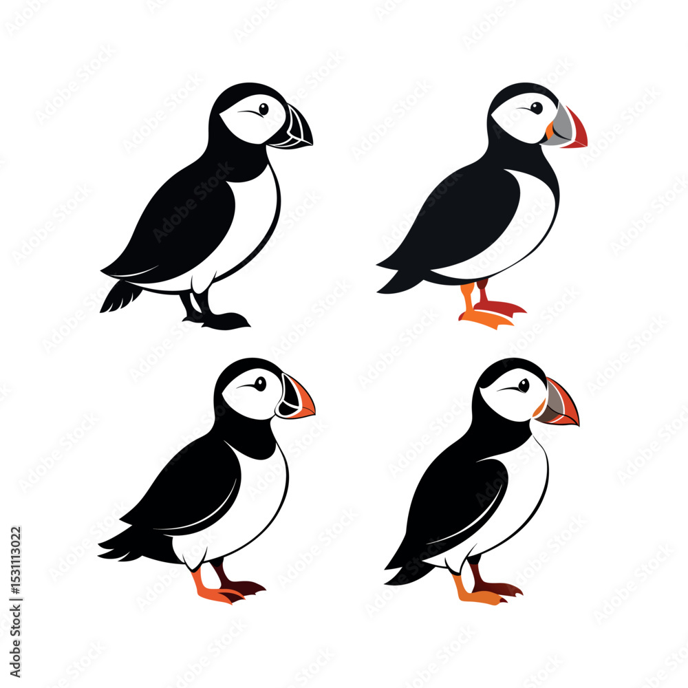 Naklejka premium Four variations of atlantic puffin bird silhouette illustrations