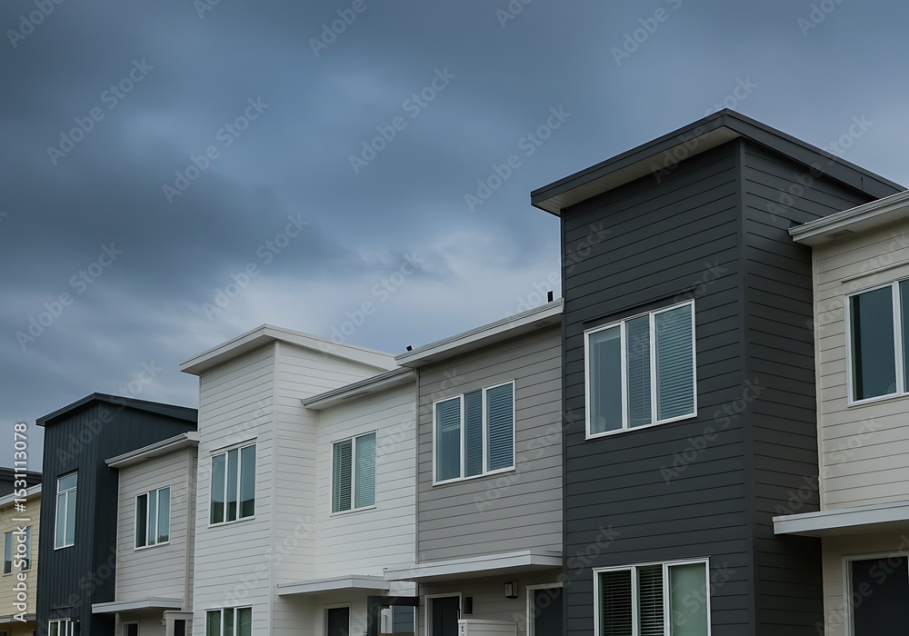 Row of modern townhouses under a cloudy sky shows urban residential architecture Row of modern townhouses under a cloudy sky shows urban residential architecture