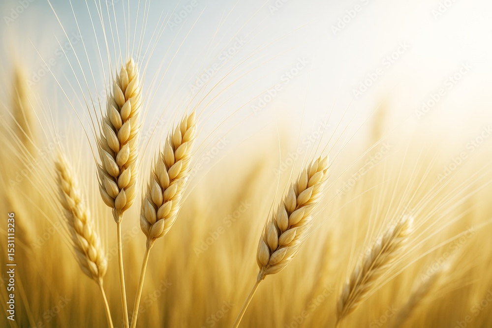 Close-up of golden wheat ears in soft morning light with blurred background in a creative nature concept emphasizing growth and harvest. Close-up of golden wheat ears in soft morning light with blurred background in a creative nature concept emphasizing growth and harvest.