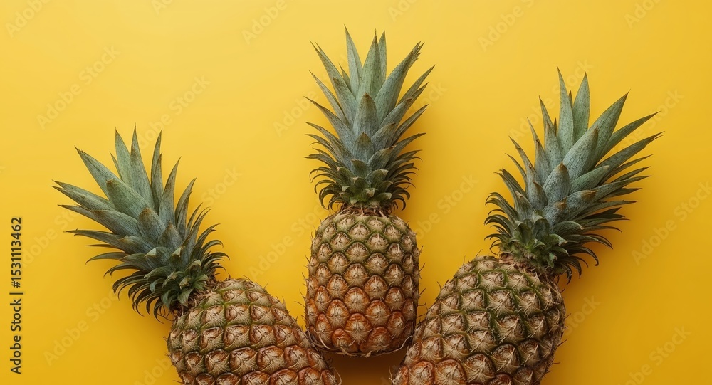 Fototapeta premium Three Pineapples on a Yellow Background, a Tropical Still Life, Bright and Vivid.